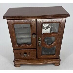 Vintage Style Wooden Jewelry Armoire Box Cabinet Etched Glass Heart Doors
